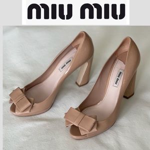 Miu Miu Nude Patent Bow Peep Toe Platform Pumps Size: 39